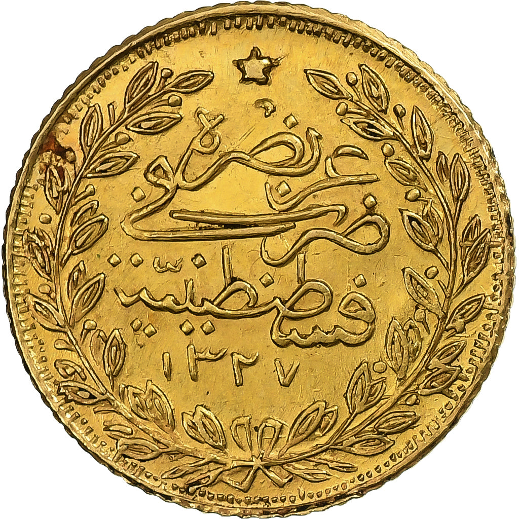 Turchia, Muhammad V, 25 Kurush, 1910, Qustantiniyah, Oro, SPL, KM:752