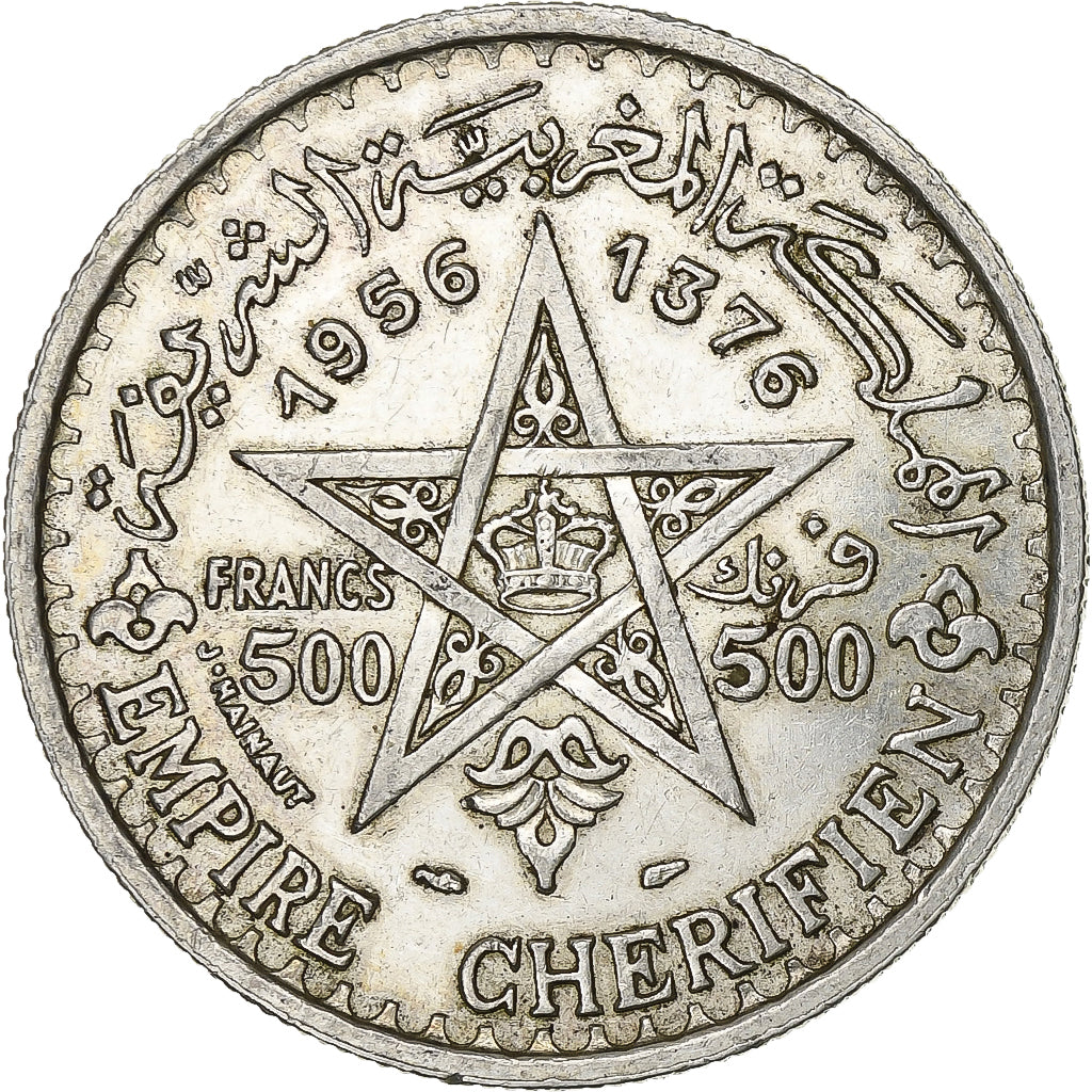 Morocco, Mohammed V, 500 Francs, 1956, Paris, Silver, AU(55-58), KM:54