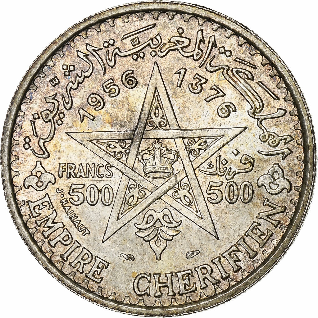 Morocco, Mohammed V, 500 Francs, 1956, Paris, Silver, AU(55-58), KM:54