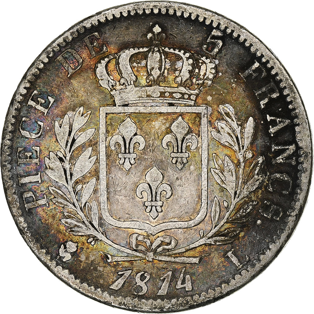 Francia, Louis XVIII, 5 Francs, 1814, Bayonne, Plata, BC+, Gadoury:591