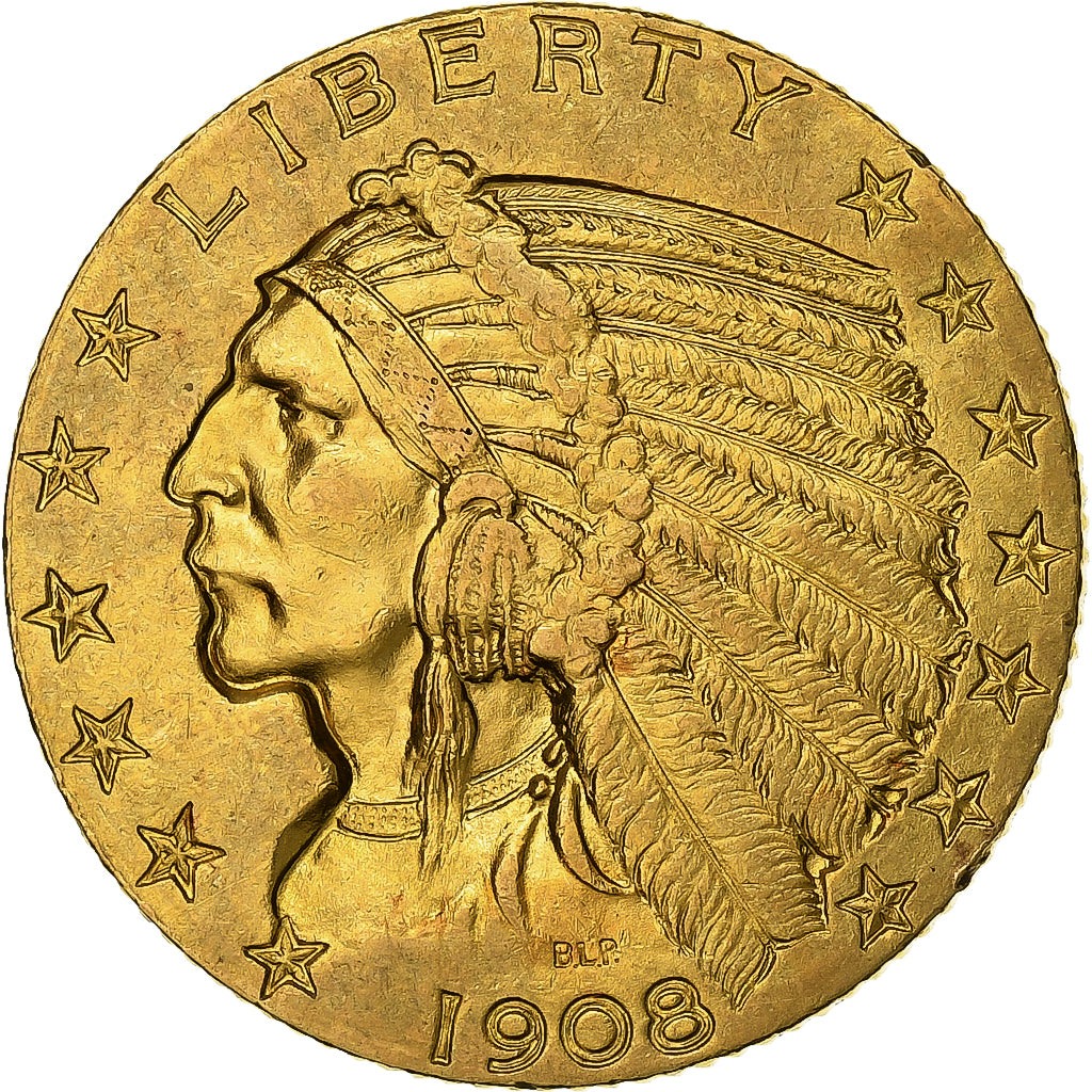 United States, $5, Half Eagle, Indian Head, 1908, Philadelphia, Gold, AU(55-58)