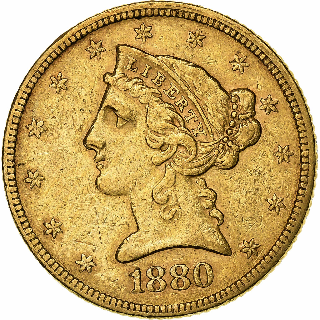 Vereinigte Staaten, $5, Half Eagle, Coronet Head, 1880, Philadelphia, Gold, VZ