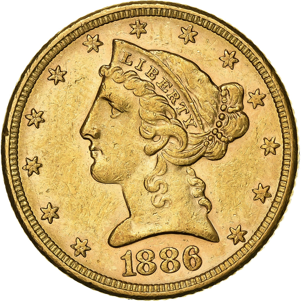 Estados Unidos, $5, Half Eagle, Coronet Head, 1886, Philadelphia, Oro, EBC+