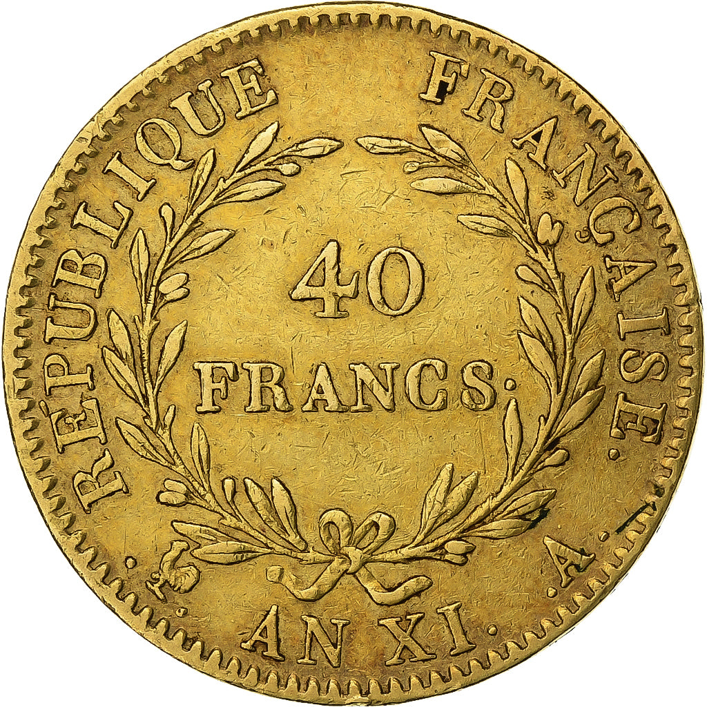 Francja, Napoleon I, 40 Francs, An XI, Paris, Without olive, Złoto, AU(50-53)