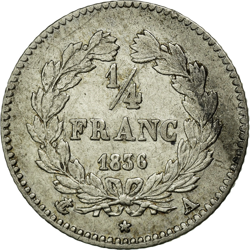Coin, France, Louis-Philippe, 1/4 Franc, 1836, Paris, AU(50-53), Silver