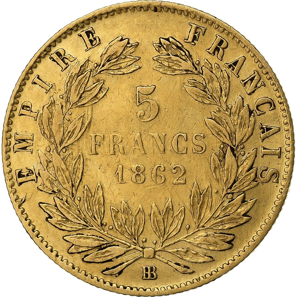 Francia, Napoleon III, 5 Francs, 1862, Strasbourg, Oro, BB, Gadoury:1002