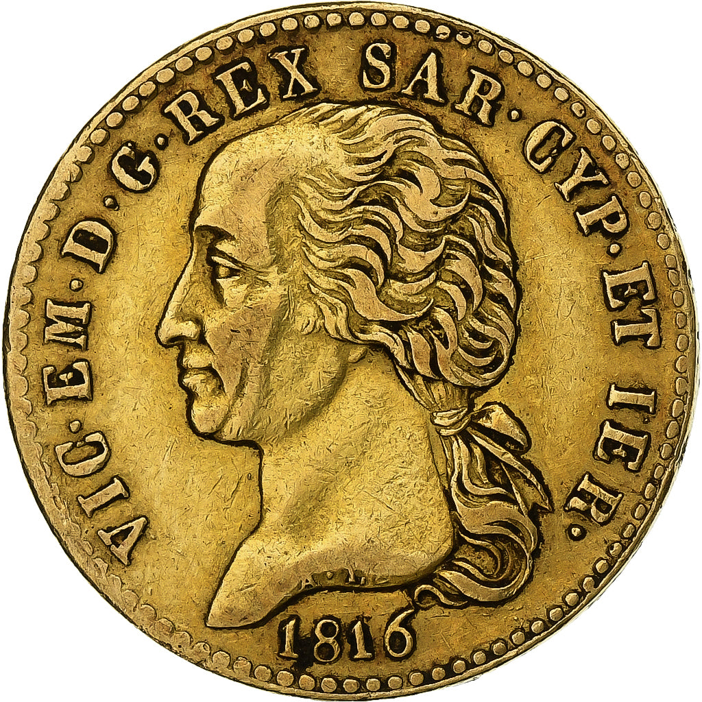 Italy, Vittorio Emanuele I, 20 Lire, 1816, Torino, Gold, EF(40-45)