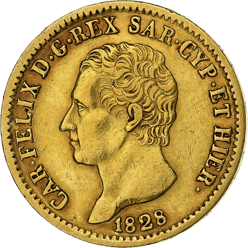 ITALIAN STATES, SARDINIA, Carlo Felice, 20 Lire, 1828, Torino, Gold, EF(40-45)