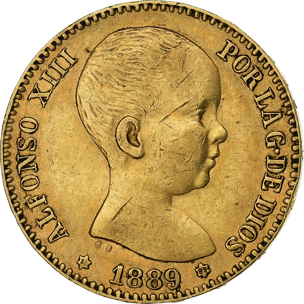 Spagna, Alfonso XIII, 20 Pesetas, 1889, Oro, BB+, KM:693