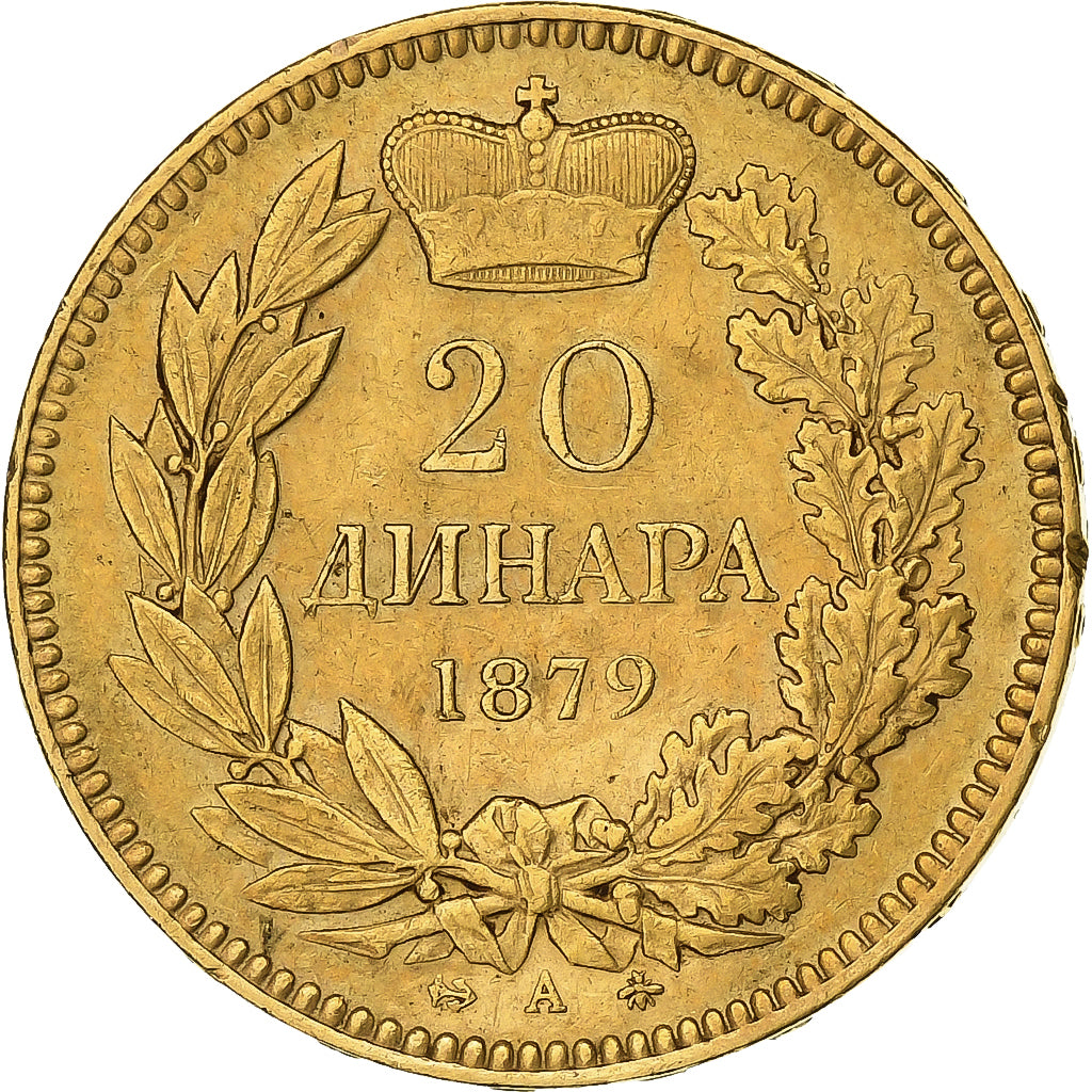 Serbia, Milan I, 20 Dinara, 1879, Paris, Gold, EF(40-45), KM:14