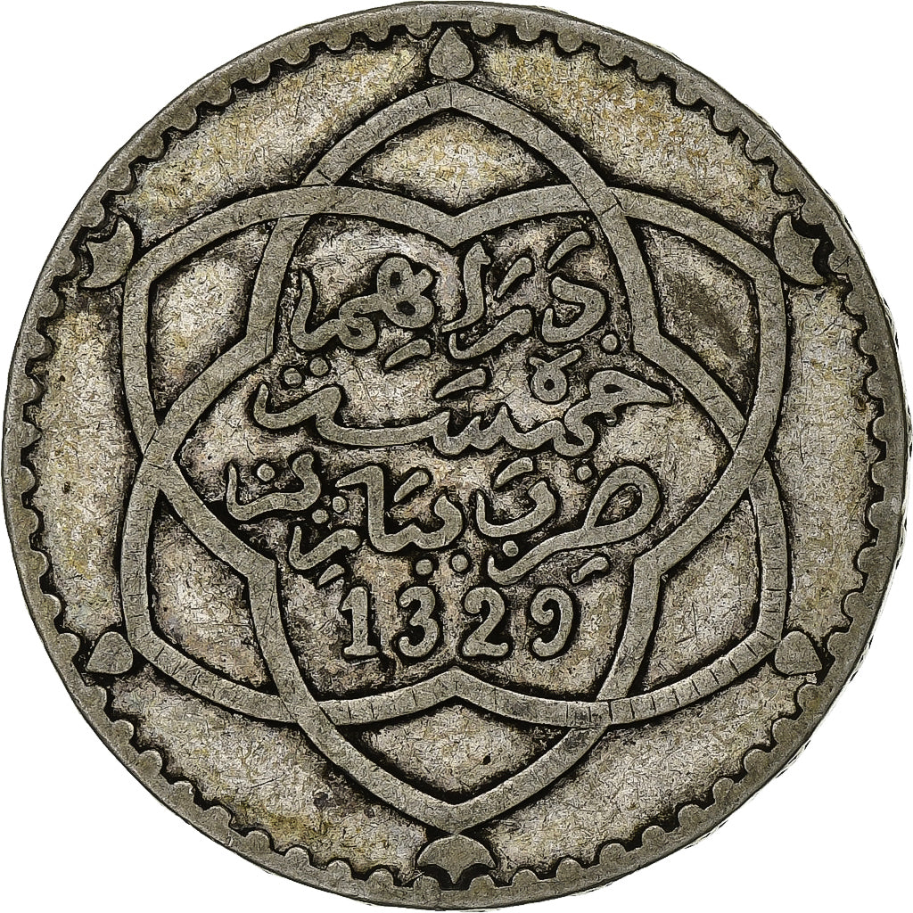 Marruecos, 'Abd al-Hafiz, 1/2 Rial, 5 Dirhams, 1911/AH1329, bi-Bariz, Plata