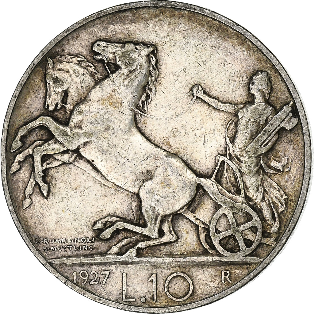 Włochy, Vittorio Emanuele III, 10 Lire, 1927, Rome, Srebro, EF(40-45), KM:68.2