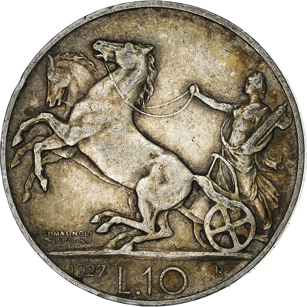 Włochy, Vittorio Emanuele III, 10 Lire, 1927, Rome, Srebro, AU(50-53), KM:68.2