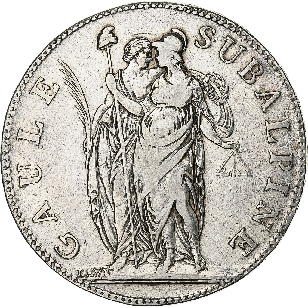 ITALIAN STATES, PIEDMONT REPUBLIC, 5 Francs, 1801, Torino, Silver, VF(30-35)