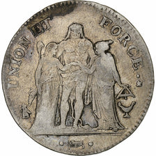 France, 5 Francs, Union et Force, AN 6, Bordeaux, Silver, VF(20-25)