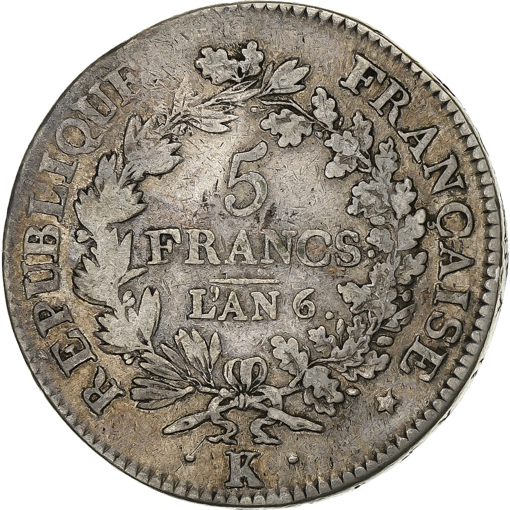 France, 5 Francs, Union et Force, AN 6, Bordeaux, Silver, VF(20-25)