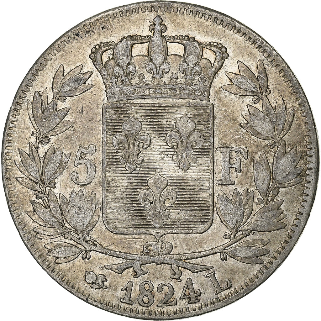 Francja, Louis XVIII, 5 Francs, 1824, Bayonne, Srebro, VF(30-35), Gadoury:614