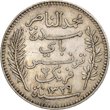 Túnez, Muhammad al-Nasir Bey, 2 Francs, 1911, Paris, Plata, MBC, KM:239