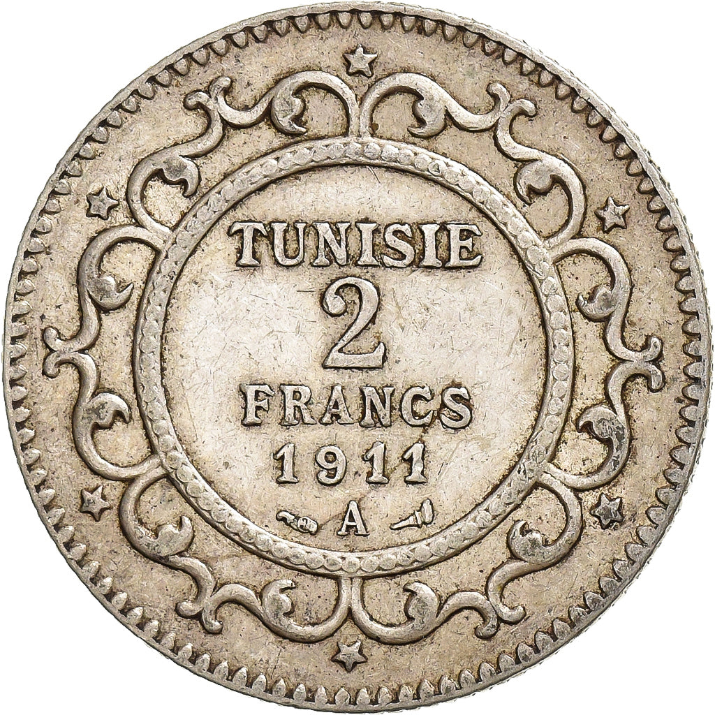Túnez, Muhammad al-Nasir Bey, 2 Francs, 1911, Paris, Plata, MBC, KM:239