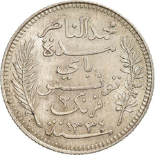Tunísia, Muhammad al-Nasir Bey, 2 Francs, 1915, Paris, Prata, AU(55-58), KM:239