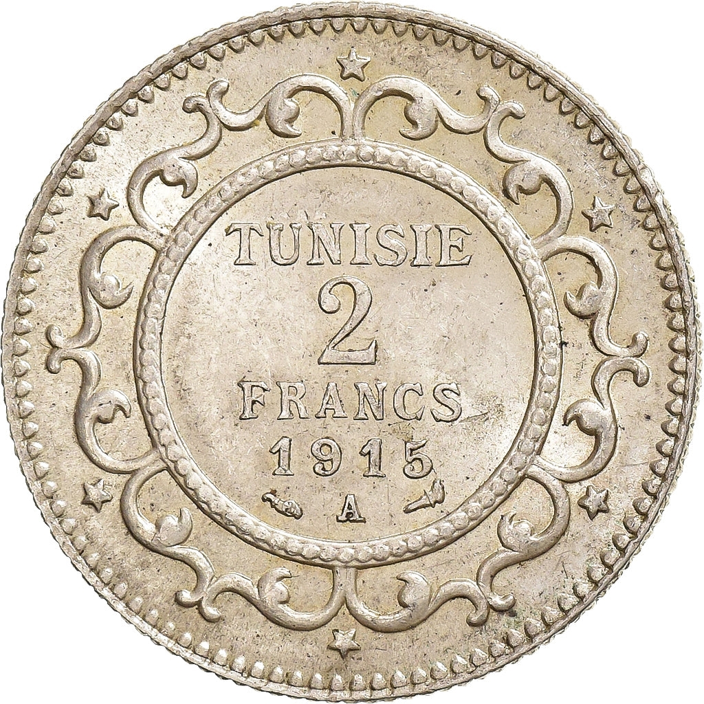 Tunísia, Muhammad al-Nasir Bey, 2 Francs, 1915, Paris, Prata, AU(55-58), KM:239
