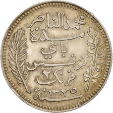 Tunisia, Muhammad al-Nasir Bey, 2 Francs, 1916, Paris, Silver, AU(55-58)