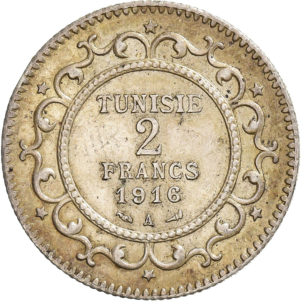 Tunisia, Muhammad al-Nasir Bey, 2 Francs, 1916, Paris, Silver, AU(55-58)