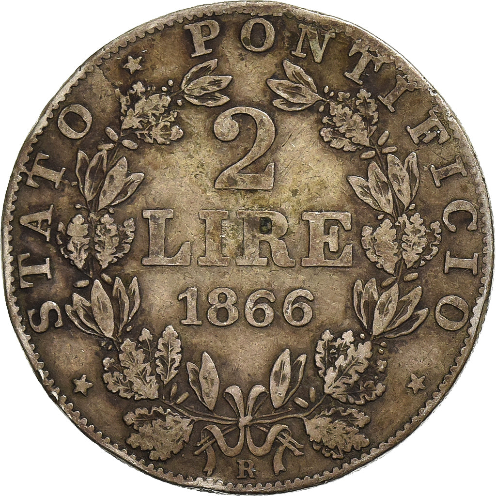 ITALIAN STATES, PAPAL STATES, Pius IX, 2 Lire, 1866, Rome, Silver, VF(20-25)
