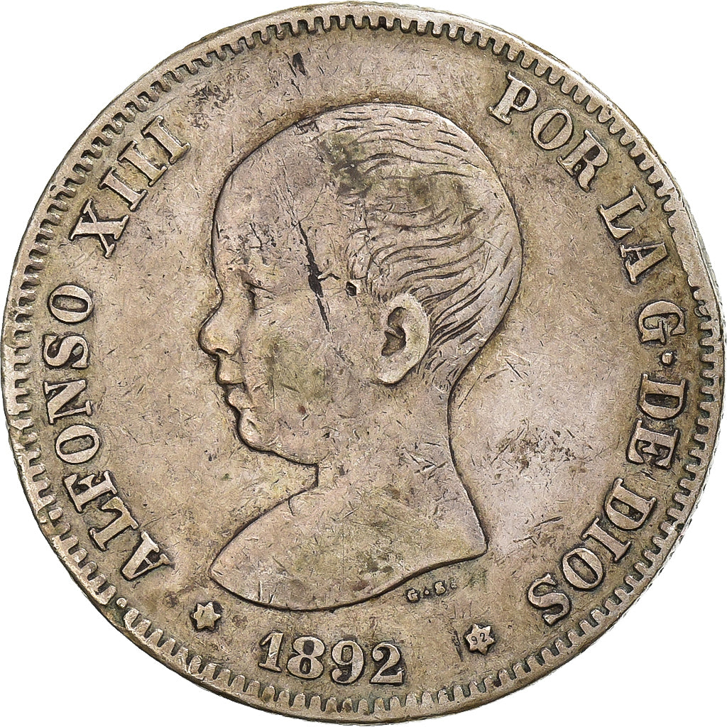 Spanje, Alfonso XIII, 2 Pesetas, 1892, Madrid, Zilver, ZF, KM:692