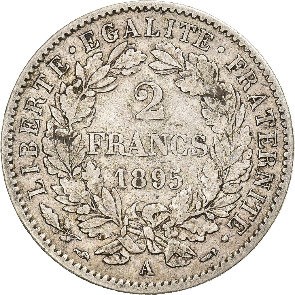 Francia, 2 Francs, Cérès, 1895, Paris, Plata, BC+, Gadoury:530a, KM:817.1
