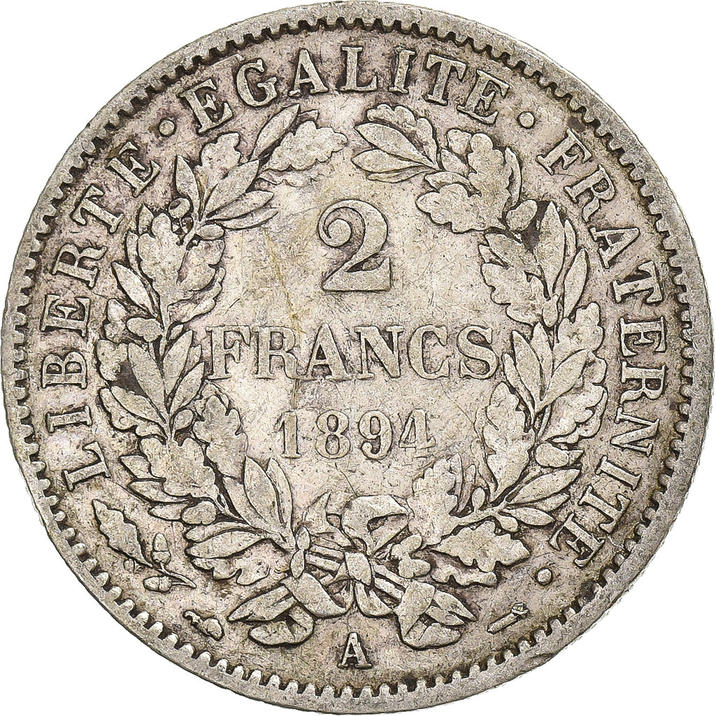 France, 2 Francs, Cérès, 1894, Paris, Silver, VF(20-25), Gadoury:530a