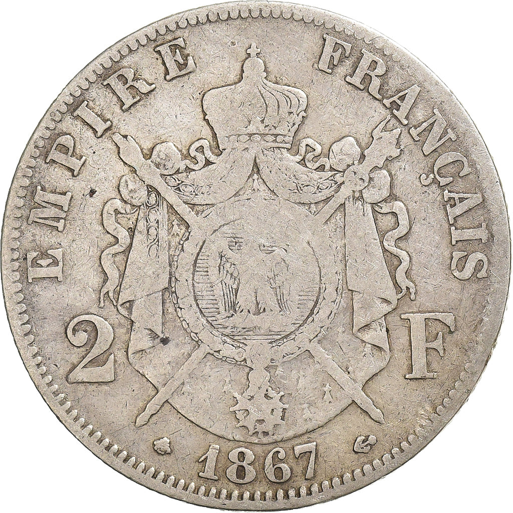 France, Napoléon III, 2 Francs, 1867, Paris, Argent, TB, Gadoury:527, Le