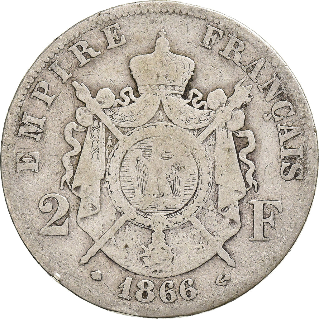 Frankrijk, Napoleon III, 2 Francs, Napoléon III, 1866, Paris, Zilver, ZG+