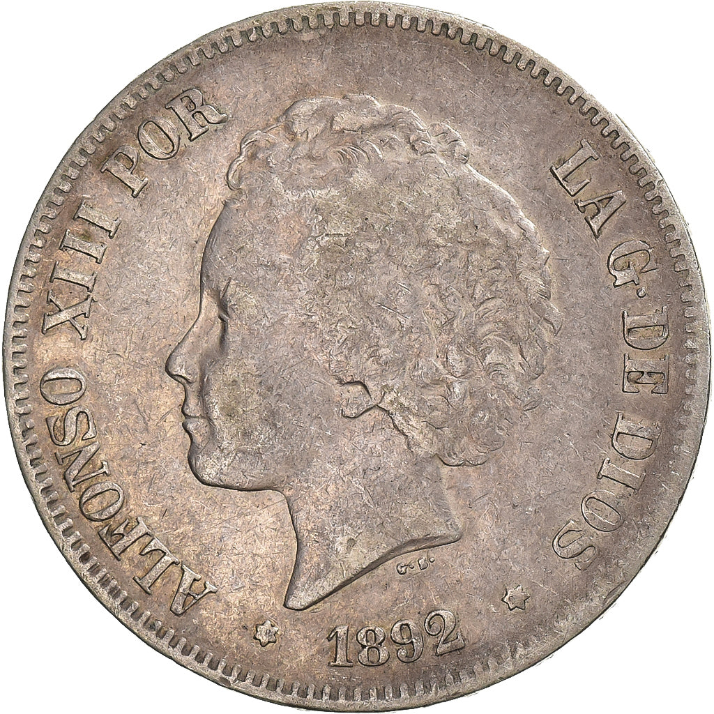 Espanha, Alfonso XIII, 5 Pesetas, 1892, Madrid, Prata, VF(30-35), KM:700