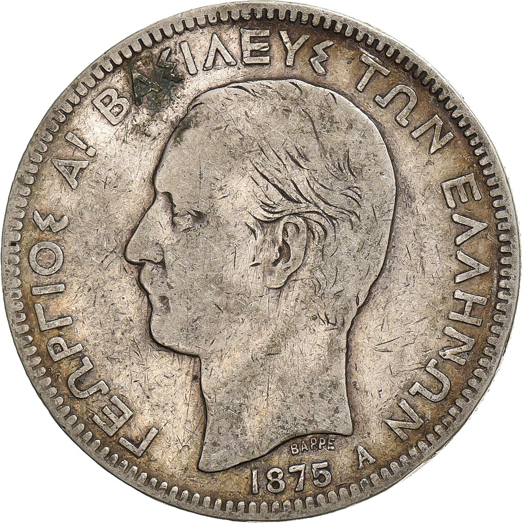 Greece, George I, 5 Drachmai, 1875, Paris, Silver, VF(20-25), KM:46