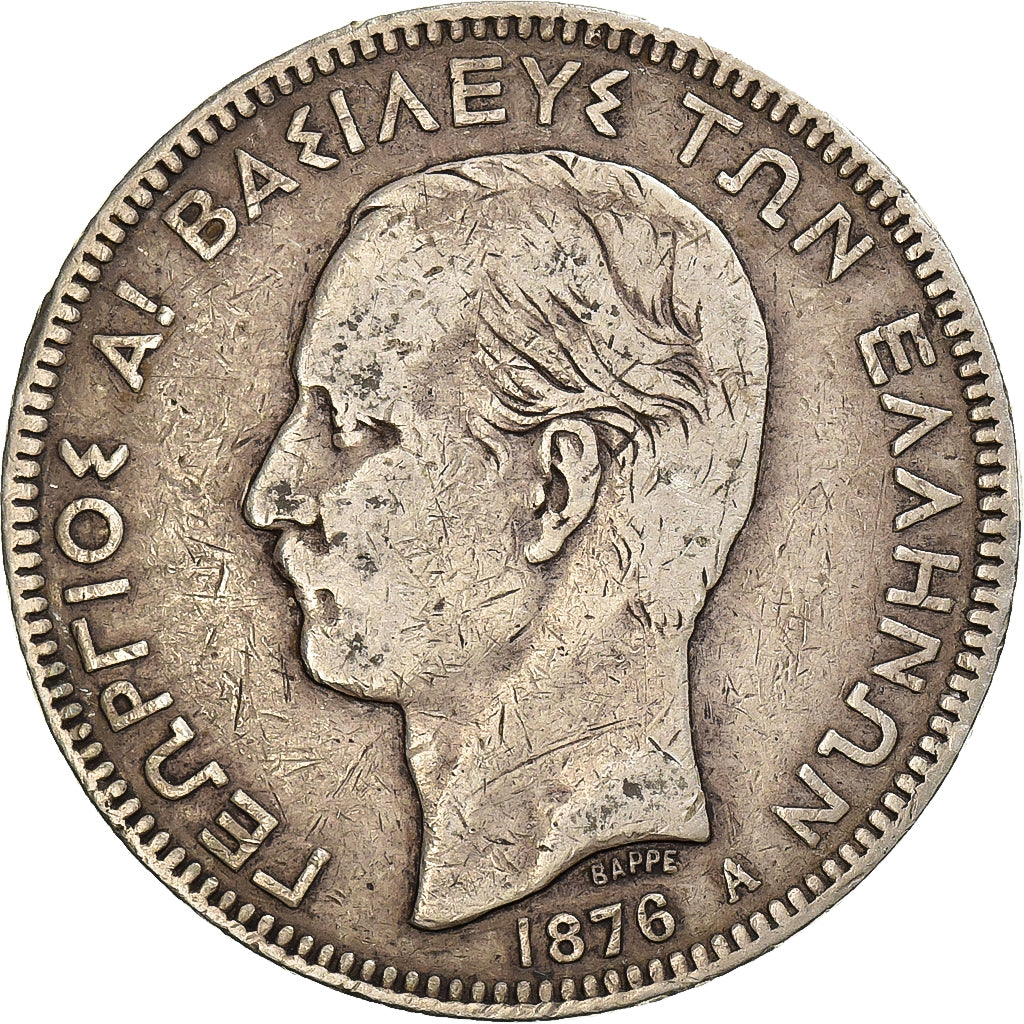 Greece, George I, 5 Drachmai, 1876, Paris, Silver, VF(20-25), KM:536