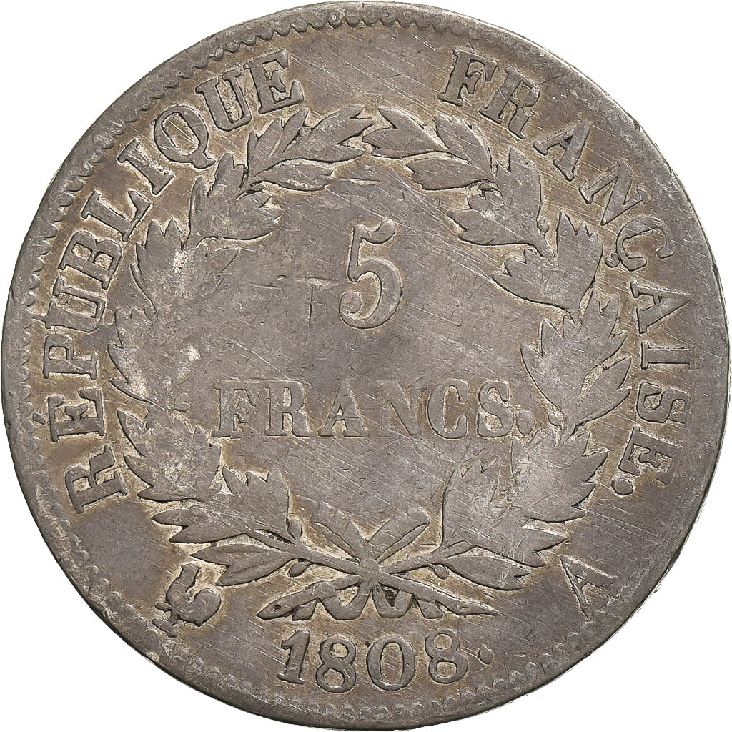 França, 5 Francs, Napoléon I, 1808, Paris, Prata, VF(20-25), Gadoury:583
