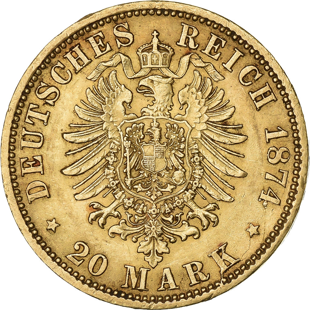 États allemands, PRUSSIA, Wilhelm I, 20 Mark, 1874, Berlin, Or, SUP, KM:505