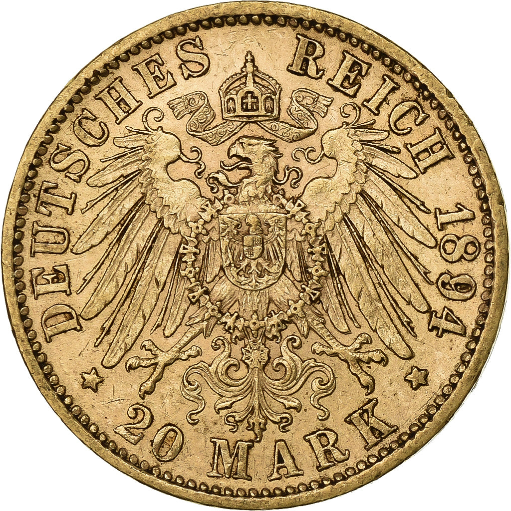 Stati tedeschi, WURTTEMBERG, Wilhelm II, 20 Mark, 1894, Stuttgart, Oro, SPL-