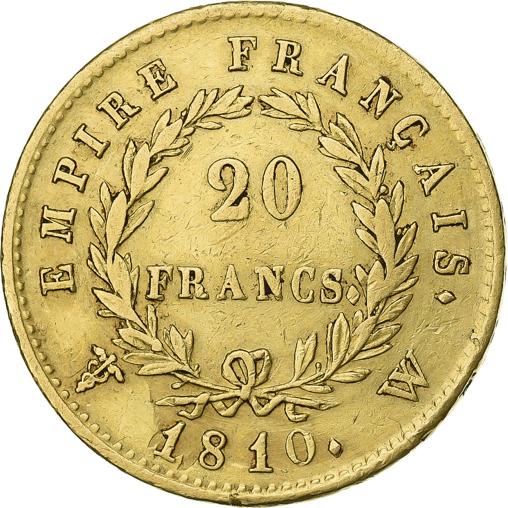 França, Napoleon I, 20 Francs, 1810, Lille, Dourado, AU(50-53), Le Franc:F.516