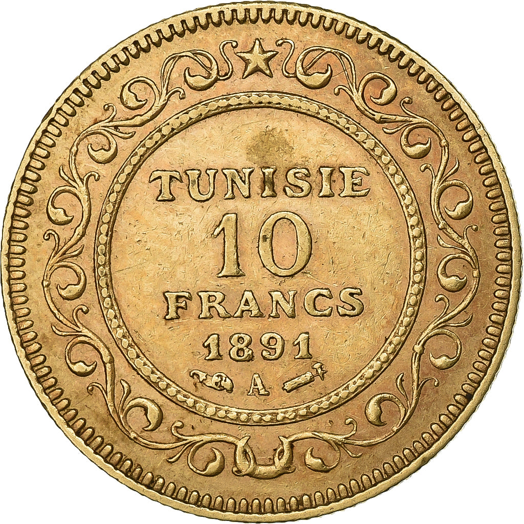 Tunisia, Ali Bey, 10 Francs, 1891, Paris, Oro, BB+, KM:226