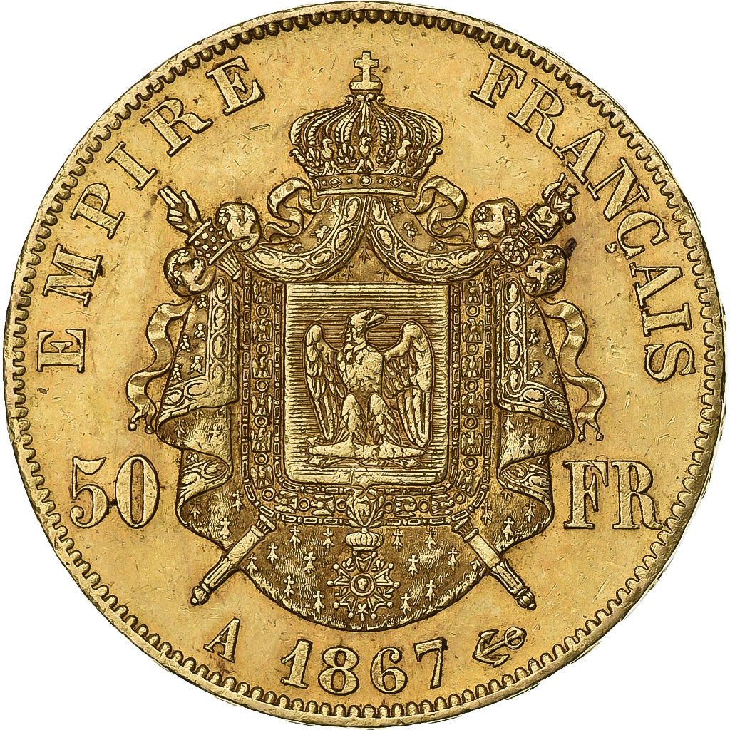 Francia, Napoleon III, 50 Francs, 1867, Paris, Oro, SPL-, Gadoury:1112, KM:804.1