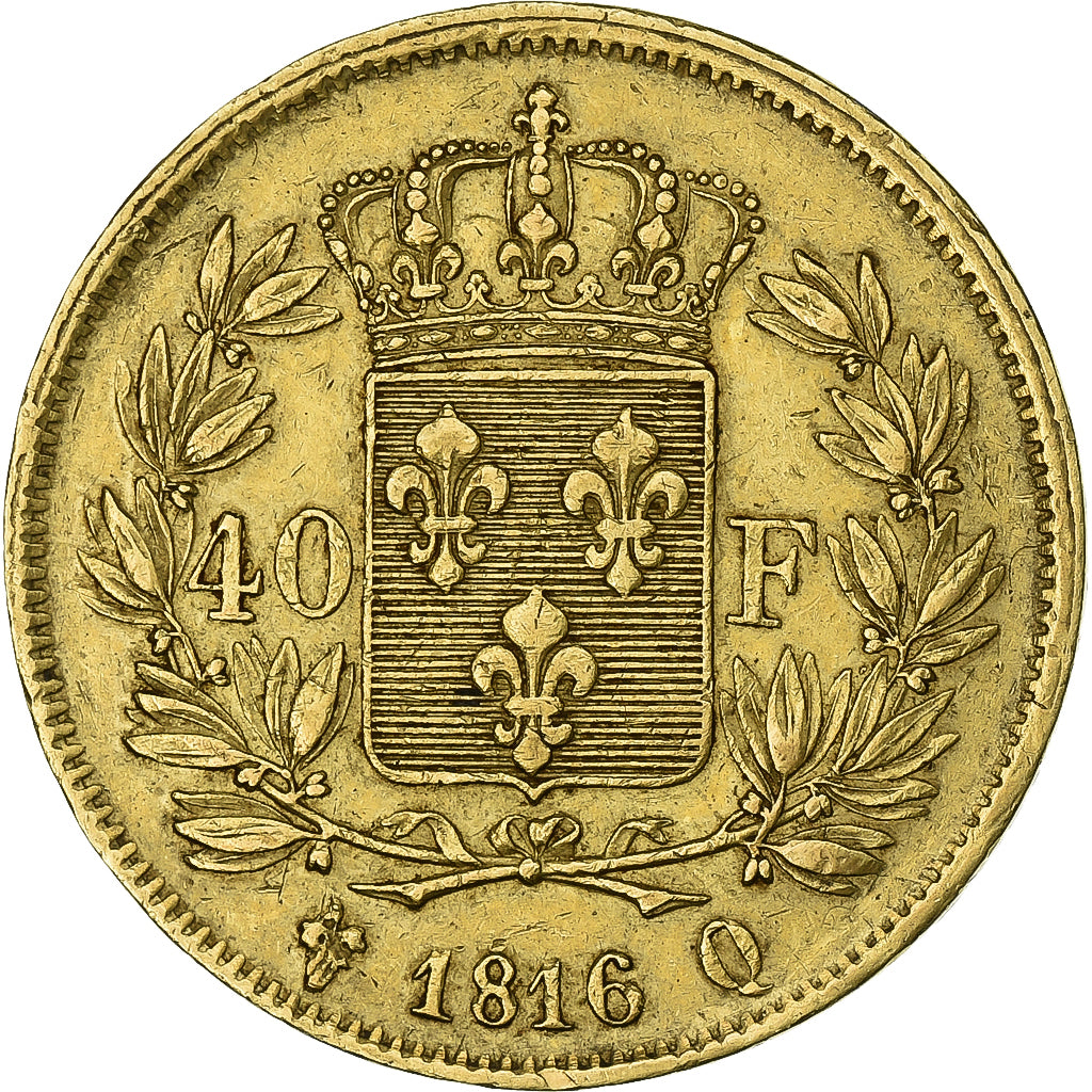 France, Louis XVIII, 40 Francs, 1816, Perpignan, Gold, AU(55-58), Gadoury:1092
