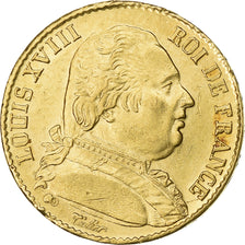 Francja, Louis XVIII, 20 Francs, 1814, Paris, Złoto, MS(60-62), Gadoury:1026