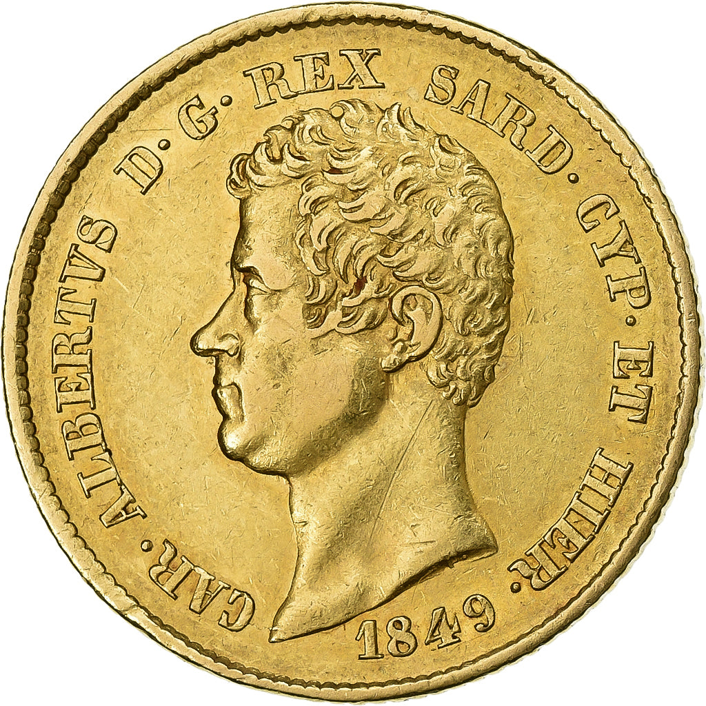 Italian States, SARDINIA, Carlo Alberto, 20 Lire, 1849, Genoa, Gold, AU(55-58)