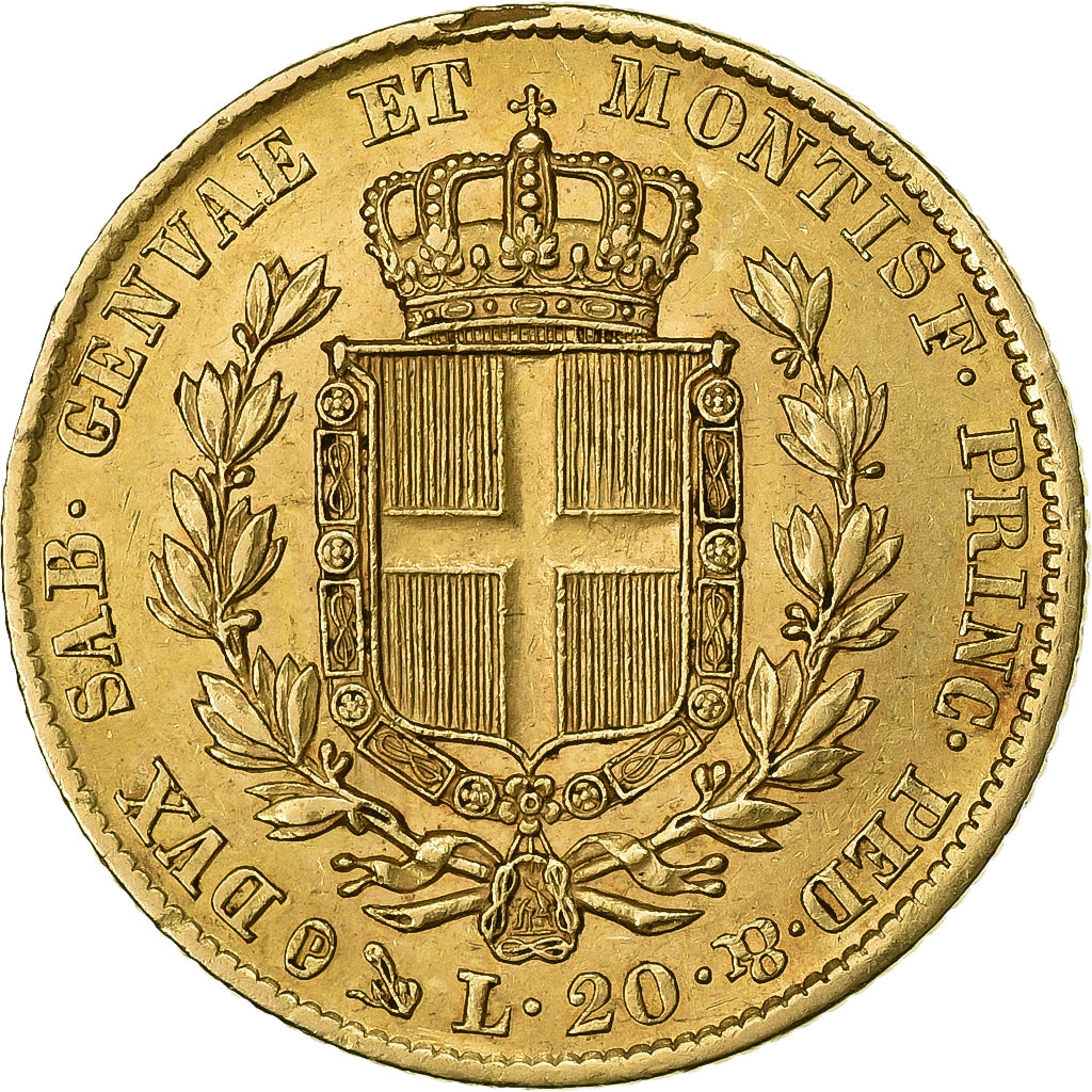 Italian States, SARDINIA, Carlo Alberto, 20 Lire, 1849, Genoa, Gold, AU(55-58)