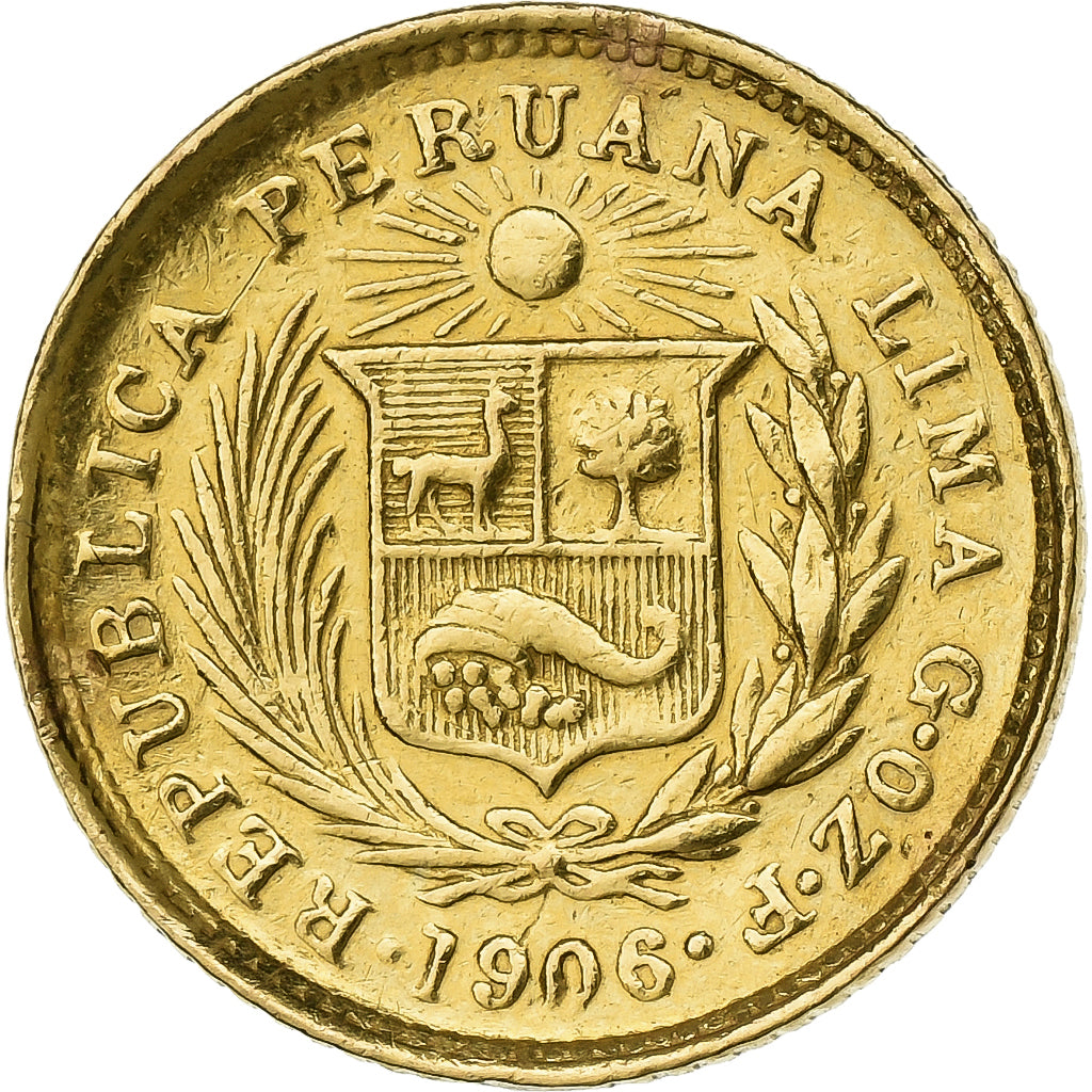 Peru, 1/5 Libra, Pound, 1906, Lima, Gold, VF(20-25), KM:210