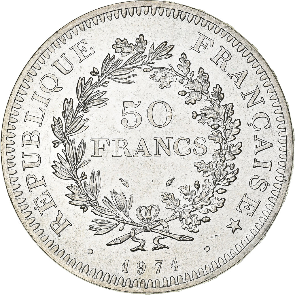 França, 50 Francs, Hercule, 1974, Emissão híbrida, Prata, MS(60-62)