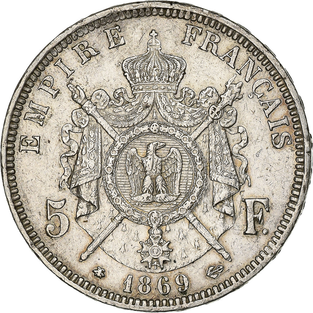 France, 5 Francs, Napoléon III, 1869, Paris, Silver, AU(50-53), Gadoury:739