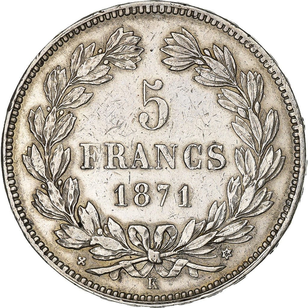 Francia, 5 Francs, Cérès, 1871, Bordeaux, Argento, BB, Gadoury:742, KM:818.2